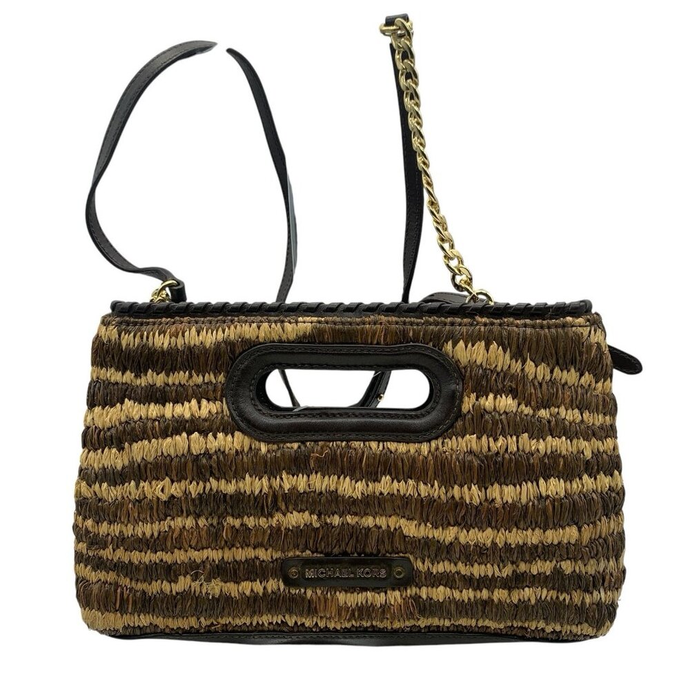Michael Kors Straw Rosalie Leather Trim Small Crossbody Clutch Bag Purse